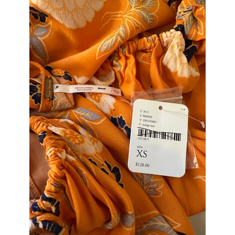 Free People Edie Oversized Orange Floral Open Back Hi Lo Boho Tunic Blouse XS - Picture 5 of 7